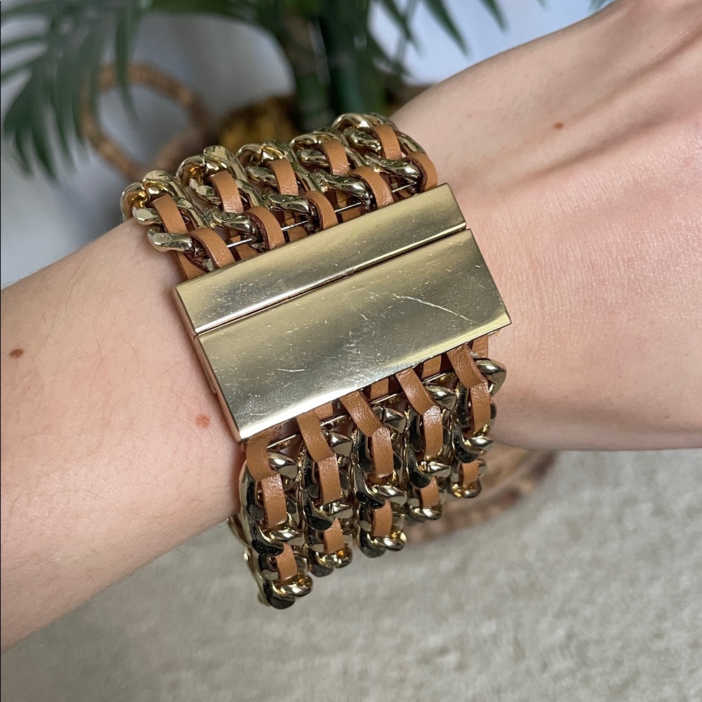 Gold & Brown Braided Chain Cuff Bracelet • Boho Layered Statement Jewelry - Picture 4 of 7